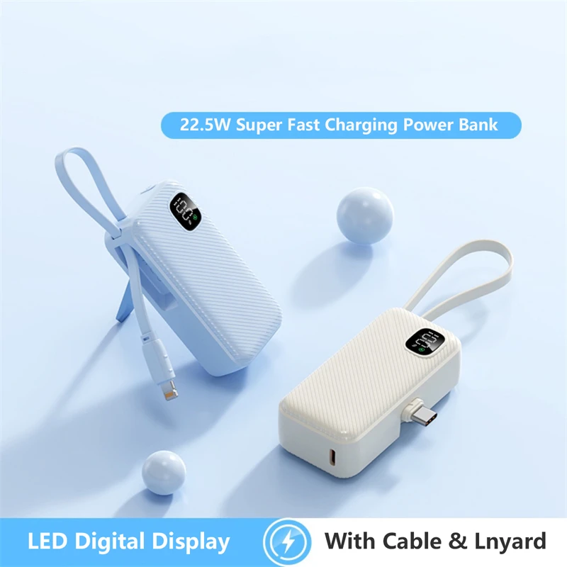 5000mAh Capsule Power Bank Emergency Charger Backup External Battery for Xiaomi iPhone Samsung 22.5W Fast Charging with Cable