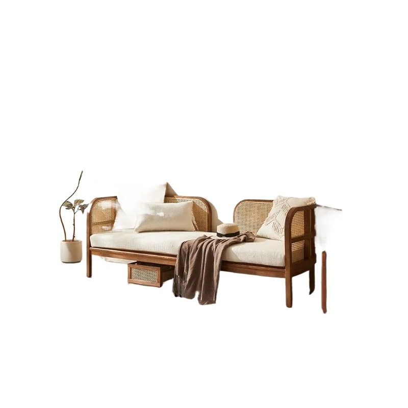 

Wabi-sabi wind solid wood rattan sofa combination, Nordic retro homestay hotel furniture living room double triple rattan chair