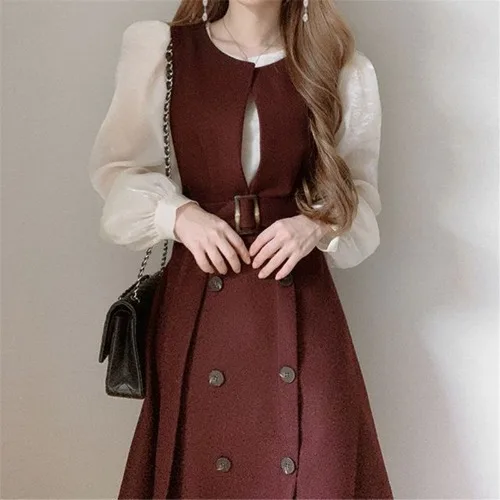 Coreano Chic Office Lady Elegante Vestito Dal Carro Armato O-Collo Doppio Petto Abito Senza Maniche 2024 Primavera Nuova Cintura Sottile Wasit Abiti Mujer