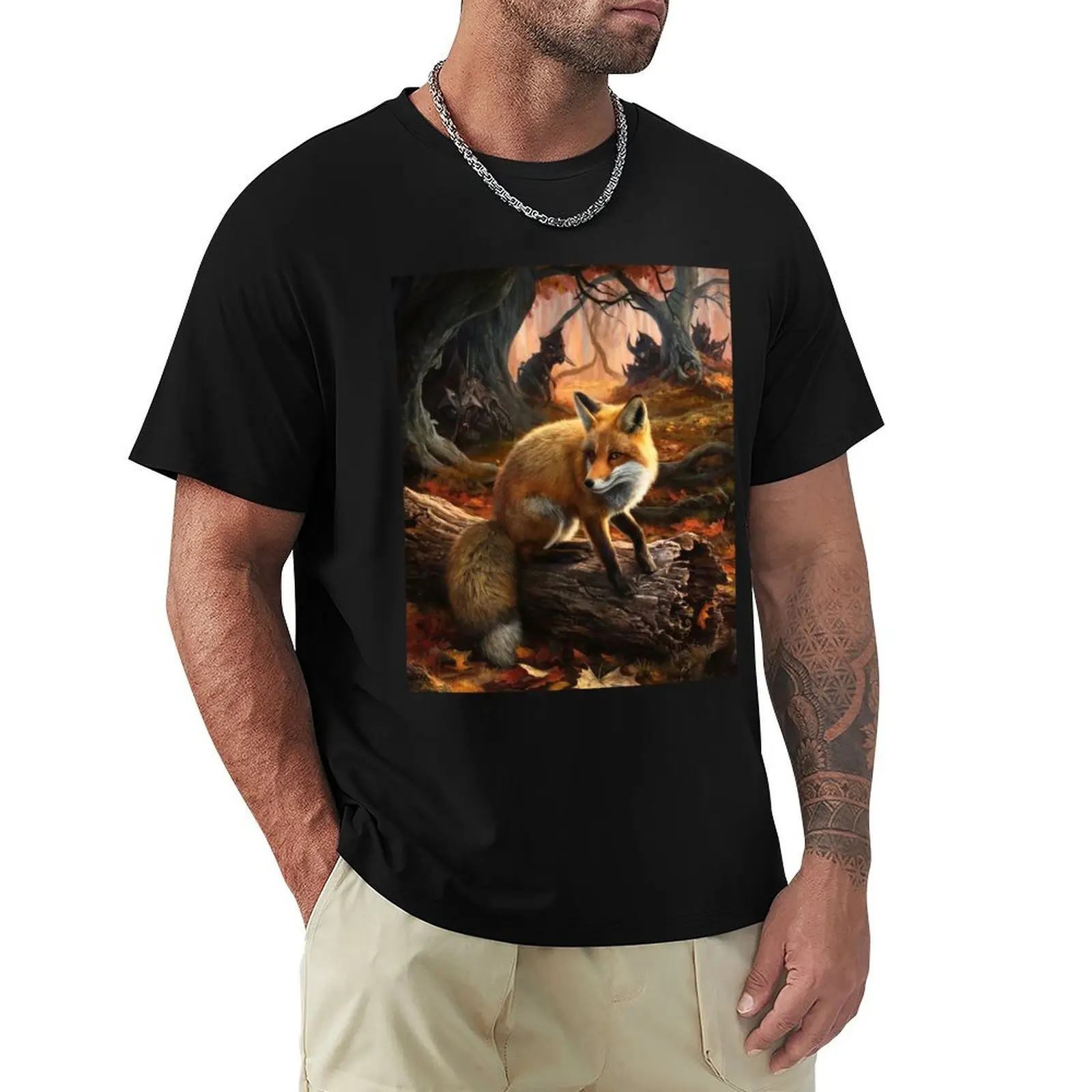 

Fox Portrait. Autumn fox, fall fox, vintage fox, fox painting, Hieronymus Bosch style T-Shirt Sports Casual Breathable Tee Shirt