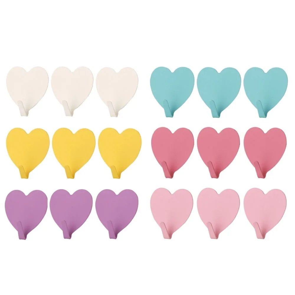 18pcs Strong Adhesive Heart Shaped Wall Hooks Hanging Mental Cap Hook 4 x 4 inch Colorful Towel Holders Home Storage Accessories