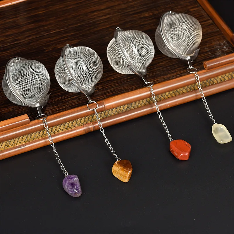 

10pcs Natural Crystal Stone 304 Stainless Steel Tea Maker Tea Filter Amethyst Rose Fluorite Quartz Pendant Decorative