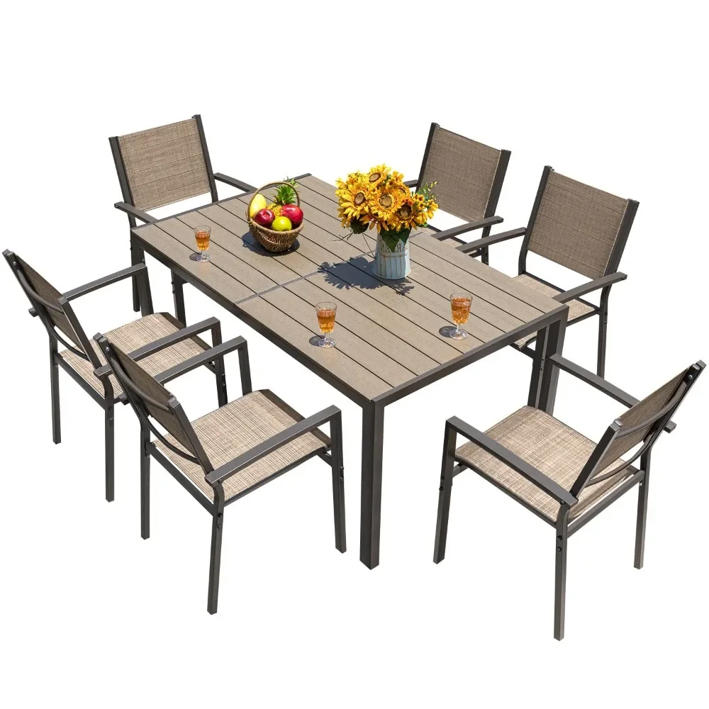 

2024 New 7 Pieces Patio Dining Set Outdoor Furniture with 6 Stackable Textilene Chairs and Large Table for Yard