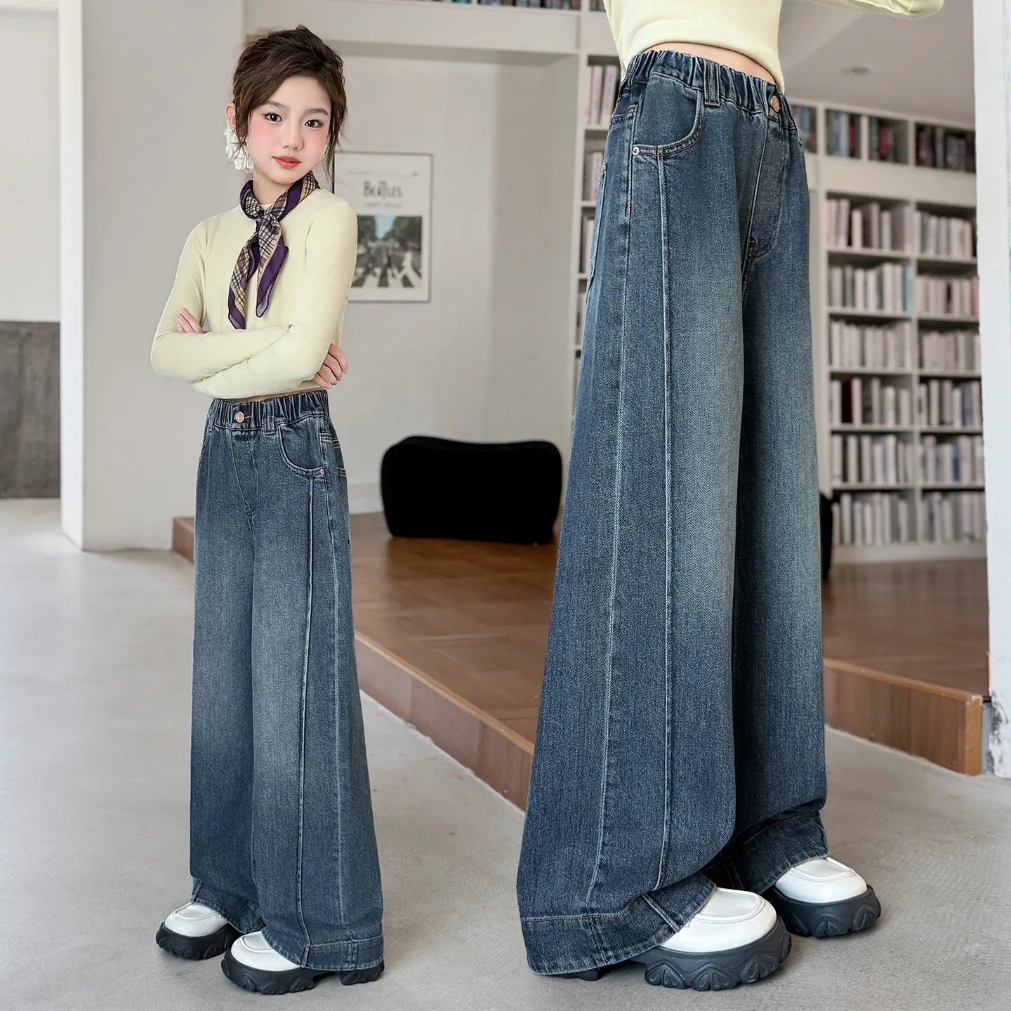 

Spring Autumn Children Straight Leg Jeans Girl Elastic Waist Tag Embroidery Patchwork Striped Denim Pants Age 4 6 8 10 12 14Y