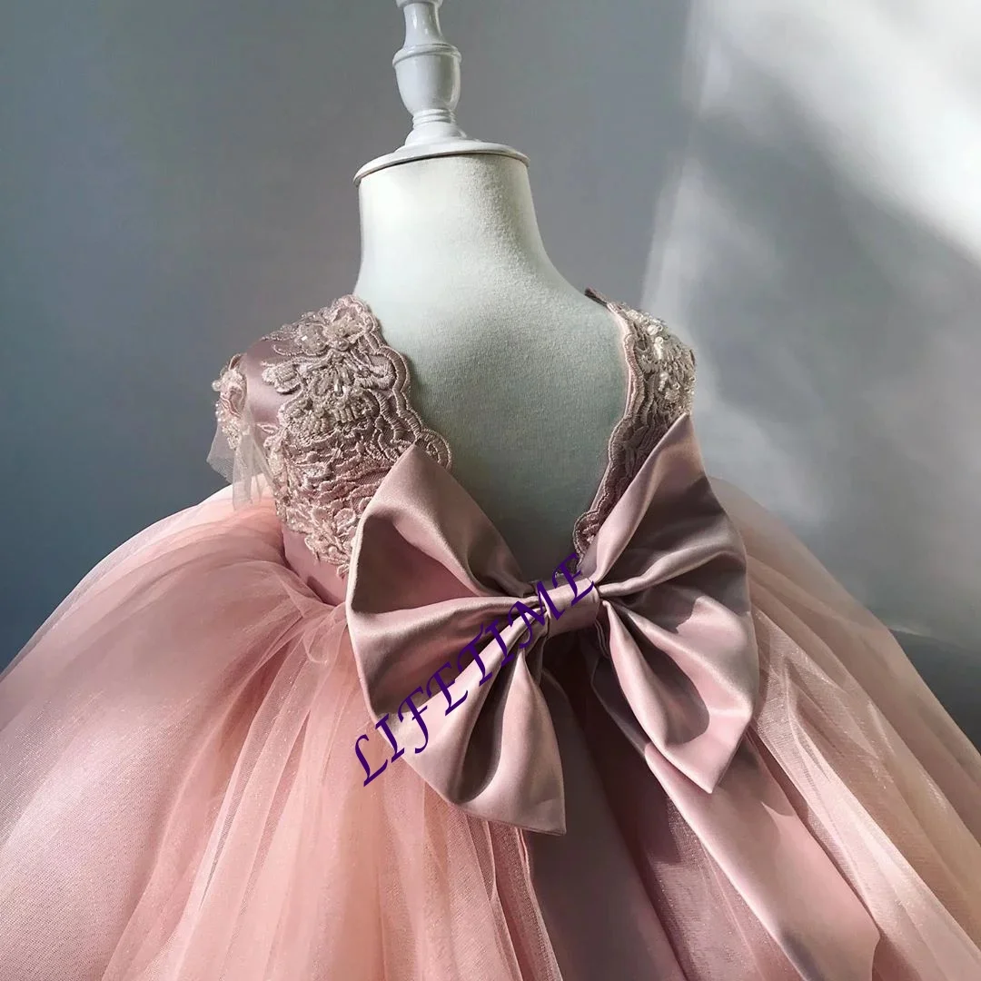 Abiti da ragazza di fiore con perline di pizzo rosa cipria personalizzati maniche ad aletta abiti da sposa per bambina abiti da spettacolo per comunione economici