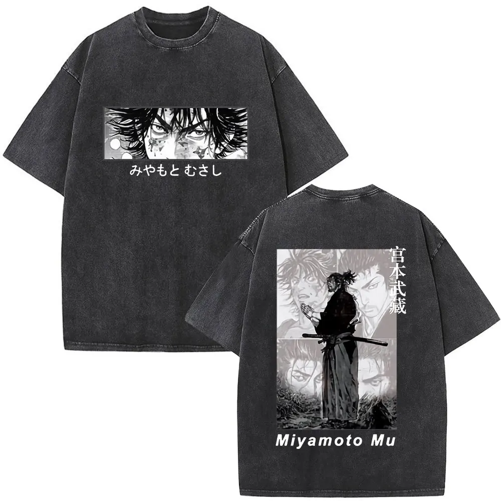Camisetas Vintage Lavadas Anime Vagabond Miyamoto Musashi para Homens e Mulheres, Roupas Casuais Oversized de Manga Curta, Streetwear