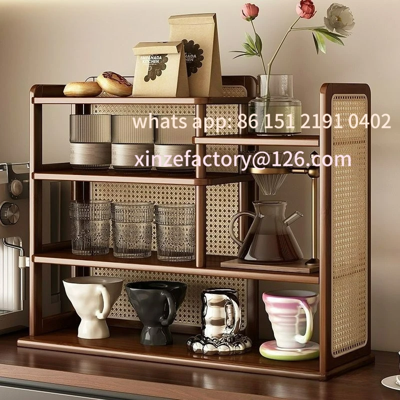 

Customizable Rattan Desktop Holder Shelf Solid Wood Multi-layer Water Cup Coffee Cup Tea Set Storage Display Stand
