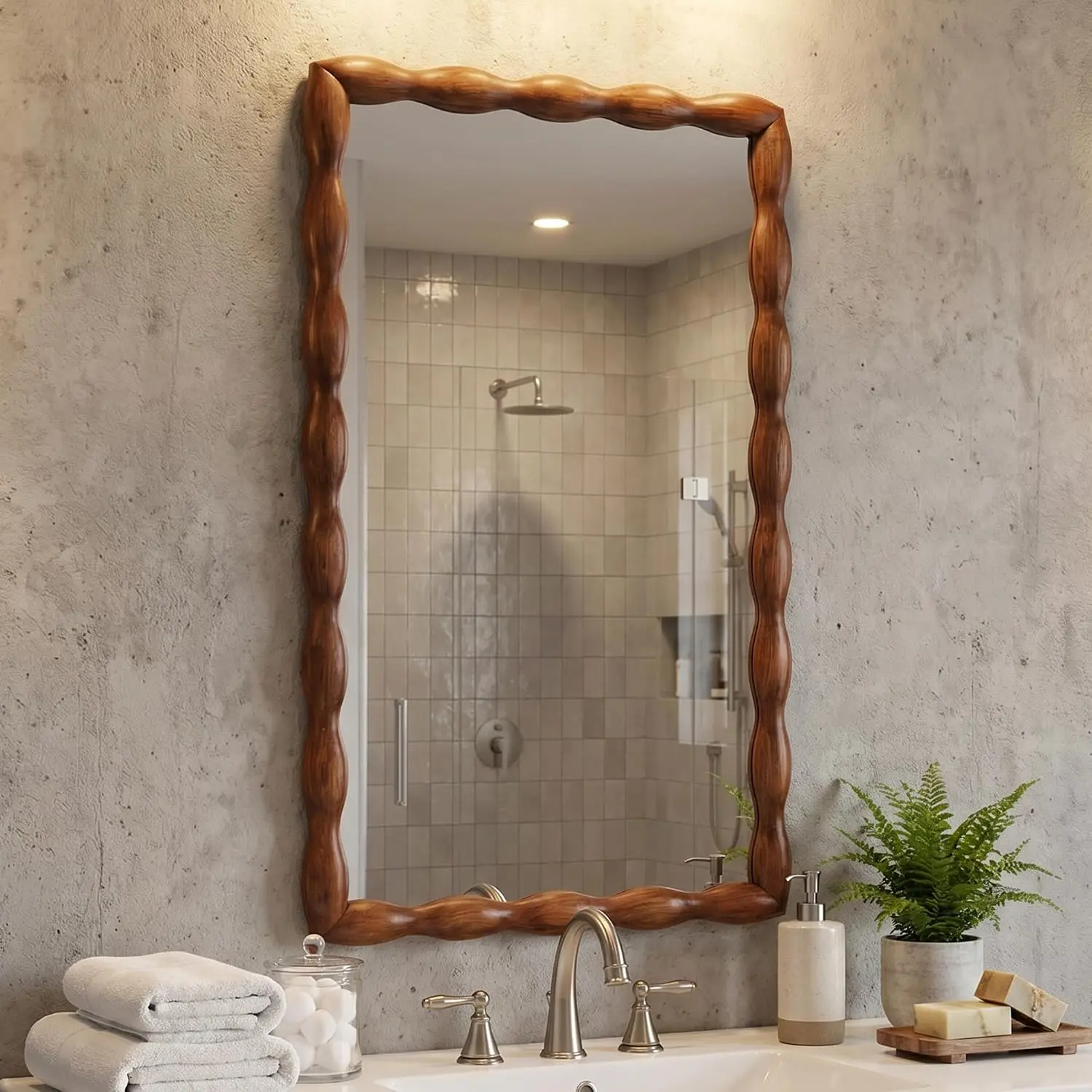Wooden Framed Wall Mirror, Solid Wood Wavy Decorative Mirror for Living Room, Entryway, Bathroom, Farmhouse Decor, Customized