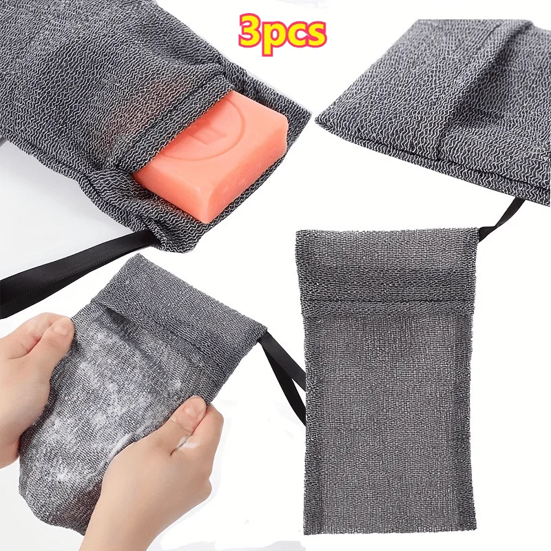 3pcs Exfoliating Soap Pouch with Bubble Net, Reusable Body Shower Scrubber for Soft Smooth Skin, No Electricity Needed