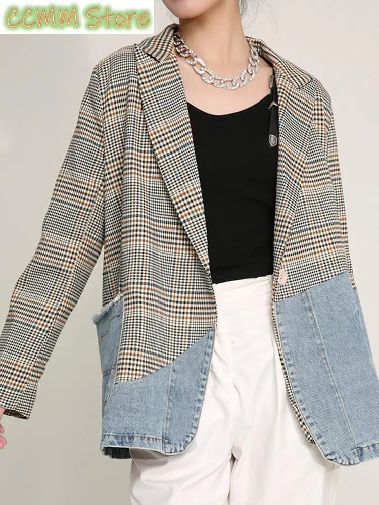 Women Blue Plaid Denim Big Size Blazer New Lapel Long Sleeve Loose Fit  Jacket Fashion Tide Spring Autumn