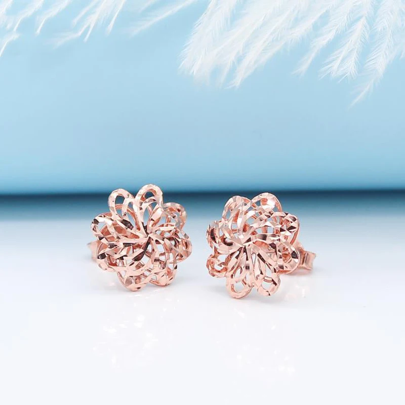 585 purple gold earrings for women14K rose gold flower-shaped hollow stud earrings exquisite luxury engagement jewelry New