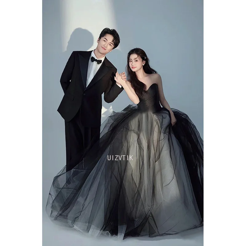 여성을위한 우아한 웨딩 드레스 Organza a 라인 Strapless 간단한 스타일 사진 촬영 신부 드레스 맞춤형 웨딩 파티 드레스