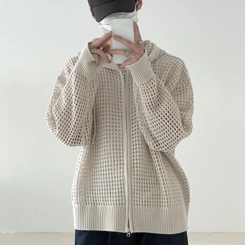 Chaqueta de punto para hombre, cárdigan de Hip Hop con diseño ahuecado, cierre de cremallera, abrigo de invierno a la moda para otoño