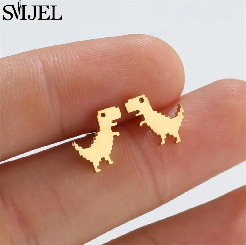 SMJEL Cute Tyrannosaurus Stainless Steel Stud Earrings for Men Women Punk Small Dinosaur Animal Earings Accessories Unique Gifts