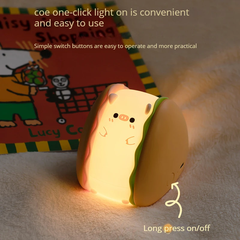 New Hamburger pig night light USB charging bedroom nightlight creative birthday gift night light with sleeping atmosphere