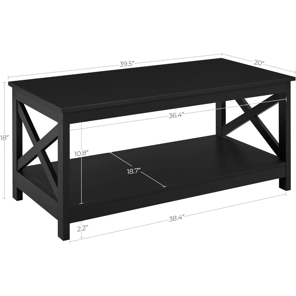 طاولة قهوة خشبية سوداء بطبقتين مع رف تخزين لغرفة المعيشة، طاولة كوكتيل ذات تصميم X، أثاث منزلي سهل التجميع