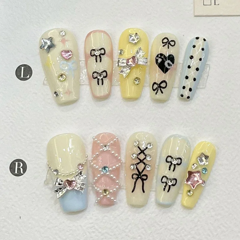 10pc Cute Macaroon Color Medium French Ballet Nails Dreamy Bowknot Rhinestone Cartoon Press on Nail Wearable Full Cover Nail Tip