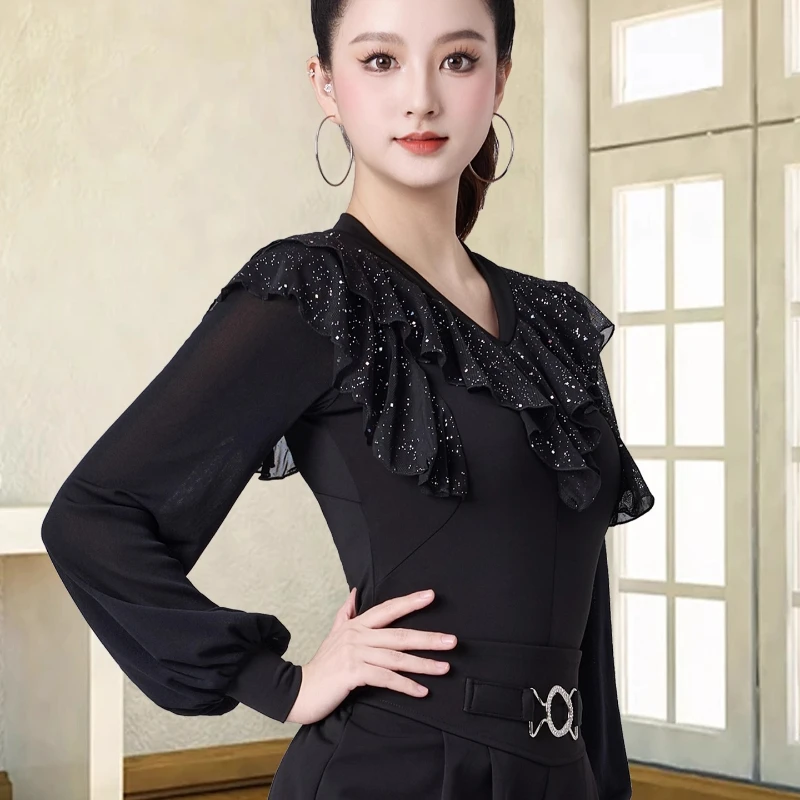 Latin Dance Wear Top Damen Frühling und Sommer Neue Kurzarm Mesh Rüschen Blatt Rand Moderne Samba Square Ballroom Dance Kostüm