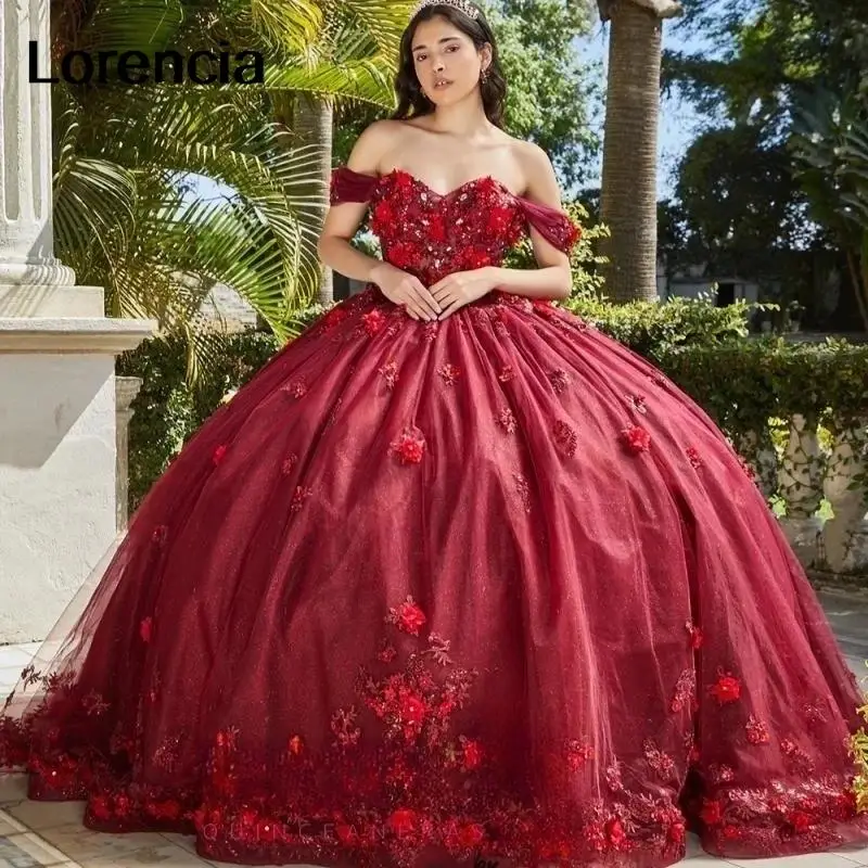 

Lorencia Red Quinceanera Dress 3D Floral Flowers Applique Beading Ball Gown Mexico Corset Sweet 16 Vestidos De 15 Años YQD595