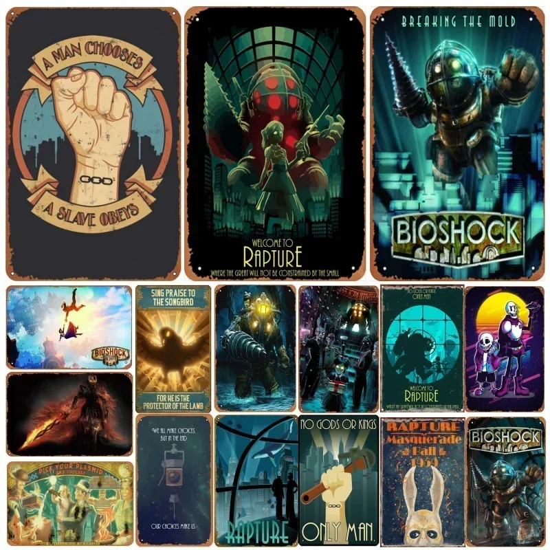 Arte de videojuegos Retro Bioshock Rapture, letrero de estaño, decoración de pared perfecta para sala de juegos, hombre, cueva o garaje, estilo Anime coleccionable