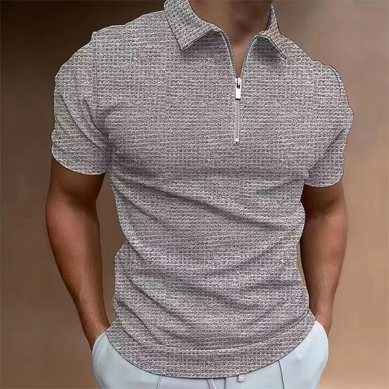 2025 Summer Men's Solid Color Waffle Polo Shirt Short Sleeve Collar Zipper T-shirt&Men's Casual Street Wear New Men's Top