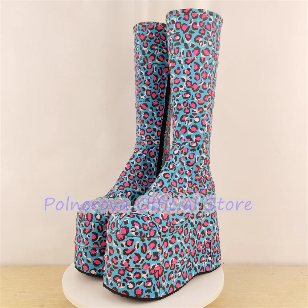 

Punk Chunky Platform Mixed Color Splicing Women Boots Leopard Print Wedges High Heel Long Boots Lolita Cosplay Dress Shoes