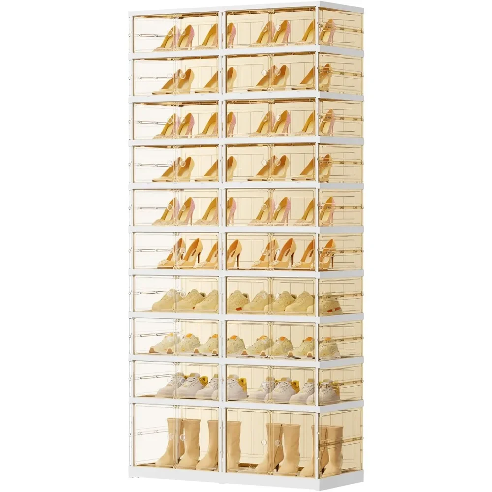 

Foldable Shoe Boxes with Doors 10 Tiers 20-40 Pairs Plastic Shoes Storage Rack Tall Shoe Shelf Cabinet