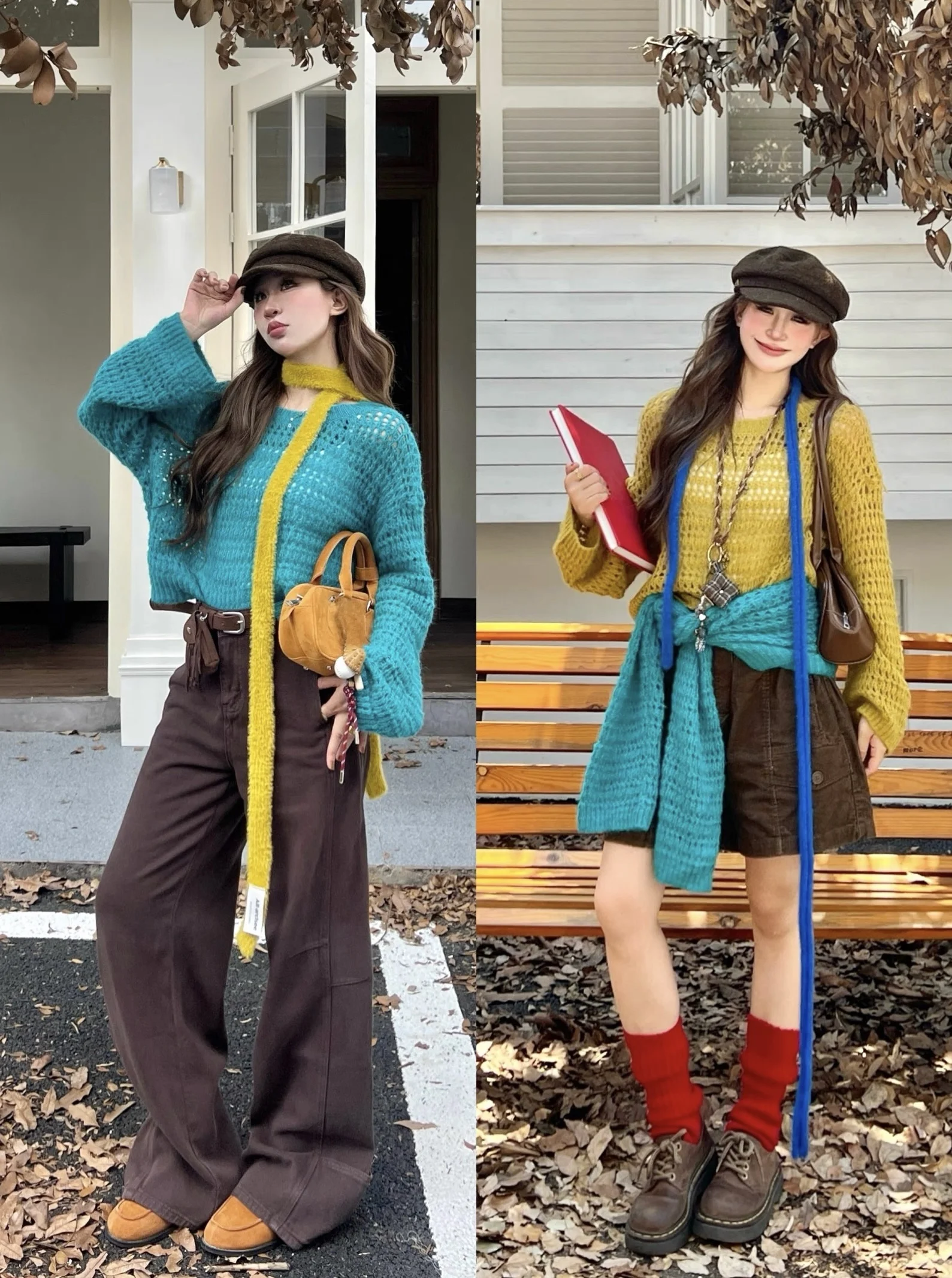 

NIIDAILY Lin Poqi Женский свободный вязаный свитер с круглым вырезом и ажурными элементами, удобный, дышащий, осенне-зимний, цветной