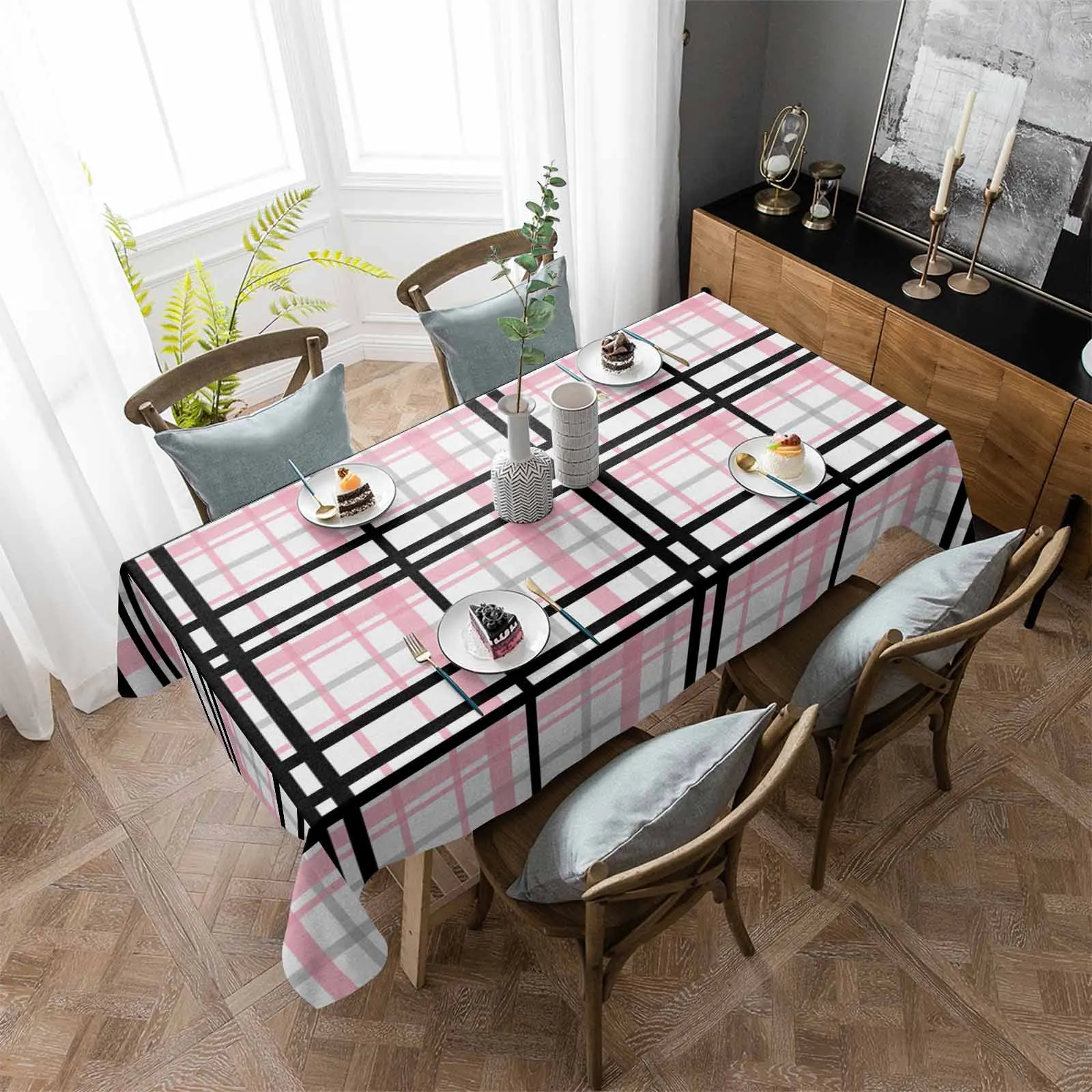 

Black Pink Gray Striped Grid Texture Tablecloth Waterproof Dining Table Rectangular Round Table Cover Home Kitchen Decoration