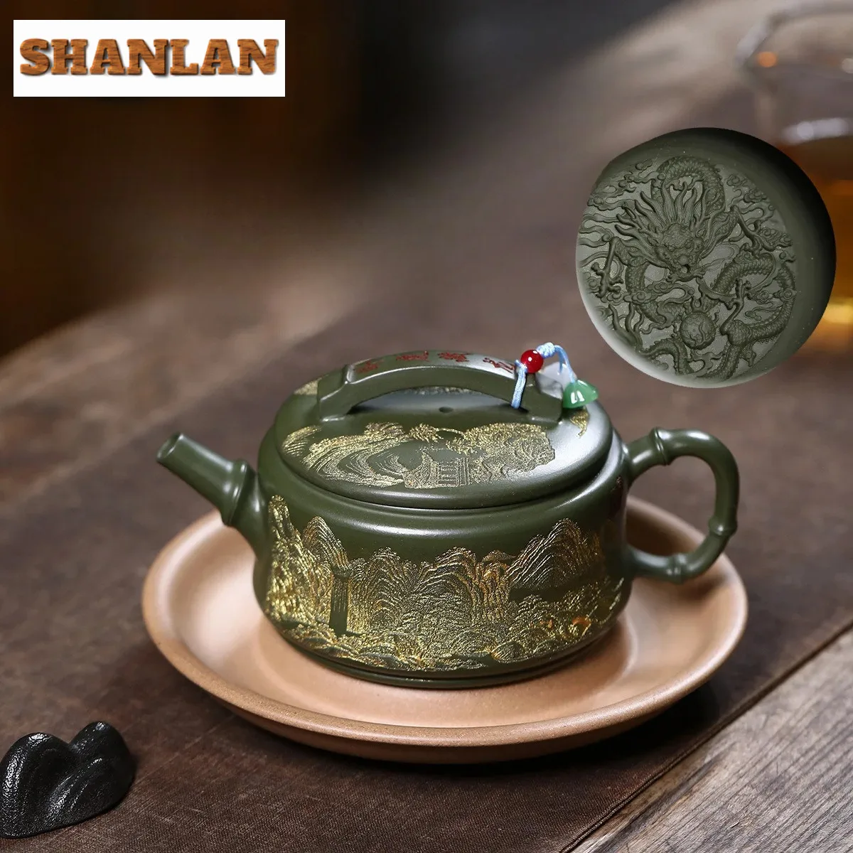 

280ml Elegant Yixing Purple Clay Teapots Artists Handmade Gold Drawing Large Caliber Pot Raw Ore Green Mud Kettle Zisha Tea Set