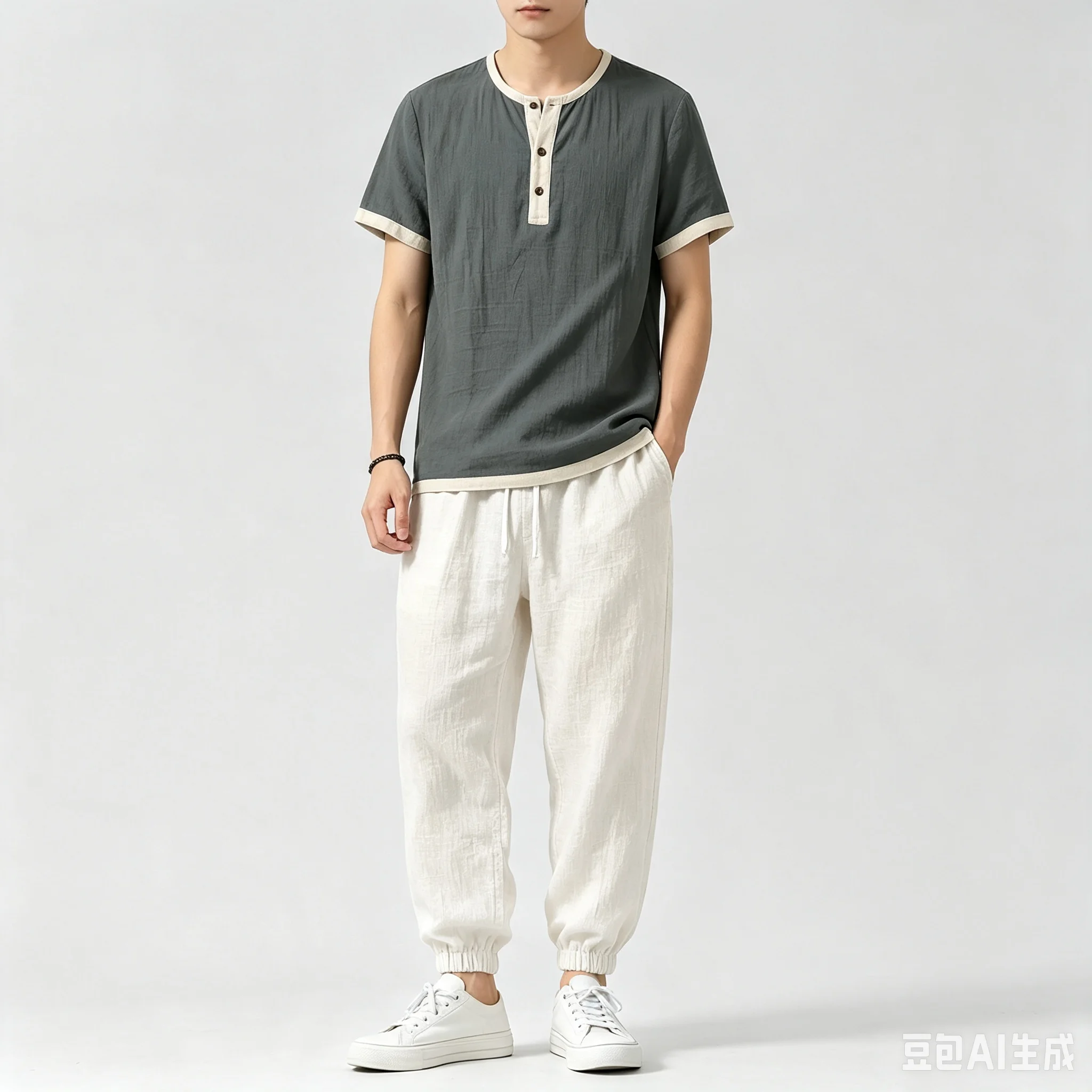 Herren 2-teiliges Freizeitset, einfarbig, Kurzarmhemd mit Knöpfen und lange Hose, Sommer-Outfit, Streetwear-Trainingsanzug – Detail 1