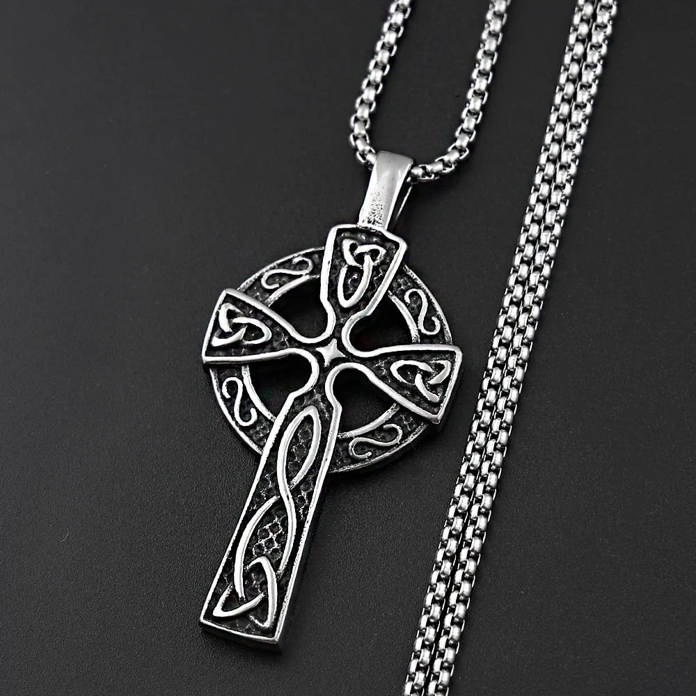 Retro Celtic Knot Irish Cross Pendant Necklace for Women Men Stainless Steel Silver Color Lucky Amulet Chain Necklaces Jewelry