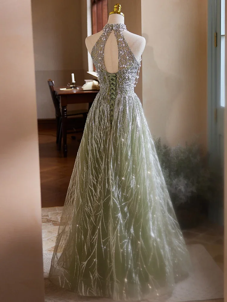 Customized Luxury Green Sequins Evening Dress Halter Sleeveless Tessel Pearls Glittering Party Formal Gowns Vestidos De Noche