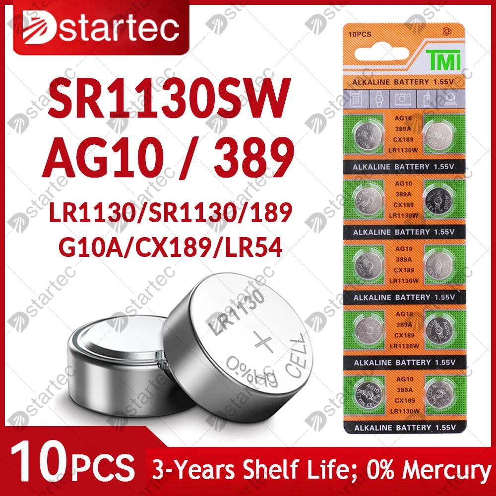 DStartec 10PCS SR1130SW 389 AG10 Watch Battery, Replacement AG 10 SG10 LR54 LR1130 G10A 194 1.55V Alkaline Button Cell Batteries