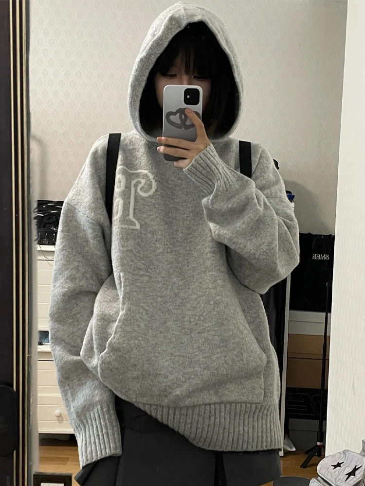 

Gray Knitted Sweater Women Harajuku Graphic Hooded Pullovers Female Oversize Fashion Hoodies Lady Casual Loose Jumper Streetwear