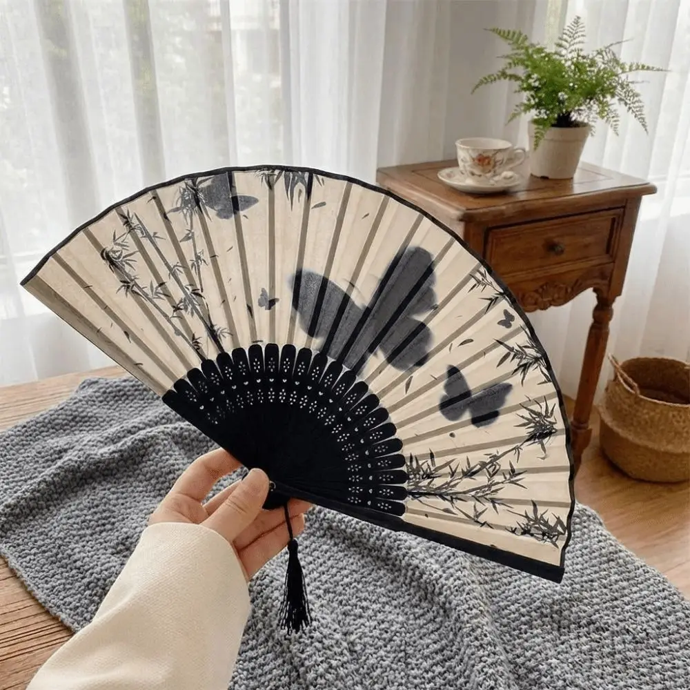 Vintage Silk Folding Fan Wooden Handle Butterfly Print Hand Fold Fan with Tassel Handmade Classical Dance Fan Photography Props
