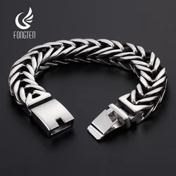 Fongten 23cm Mesh Chain Men Bracelet Stainless Steel  Heavy Braided Charm Bangle Bracelet For Men Silver Color Shiny Jewelry