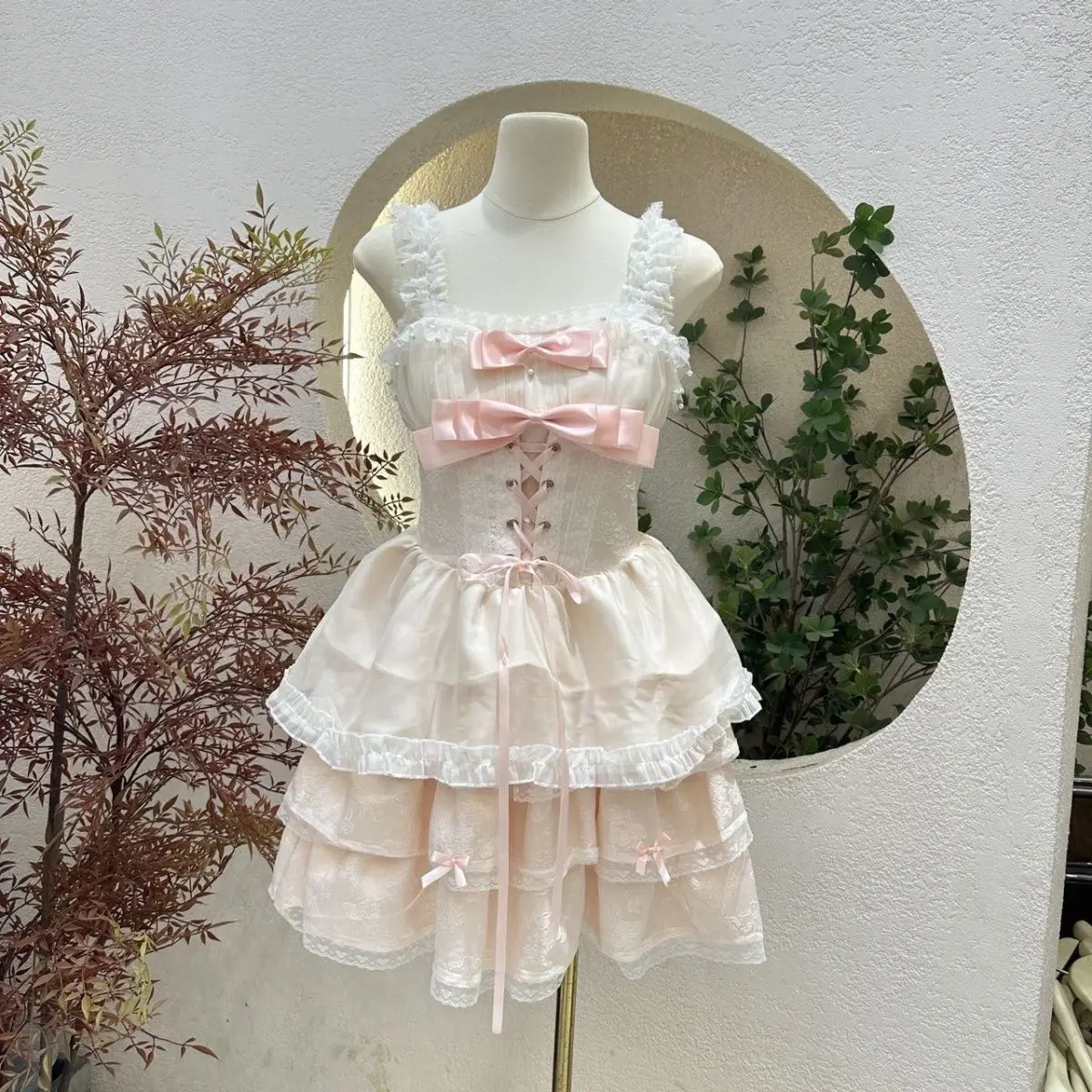 

NONSAR Sweet Bow Princess Dress Women Ballet Lace Ruffles Bandage Party Mini Dress Female Japanese Slim Lolita Sling Cake Dress