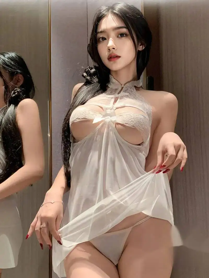 Abito sexy cheongsam in rete Passione Puro desiderio Tinta unita Pizzo Trasparente Stampa floreale Appeso al collo Abito avvolgente sull'anca Elegante 5Q6O