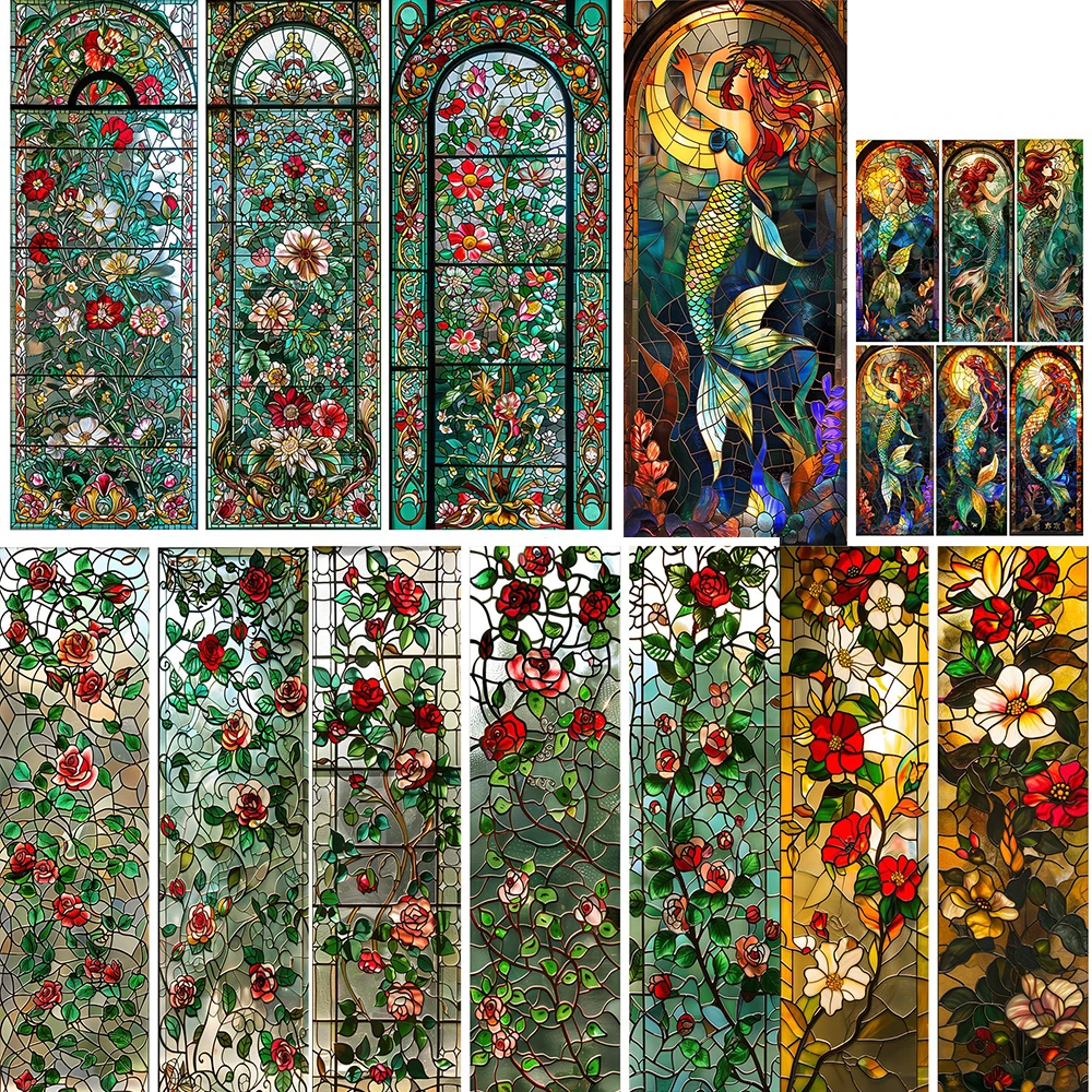 

Classic Floral Static Cling Privacy Window Film Opaque Stained Rose Cling Glass Sticker Mermaid Bathroom Decorative Films