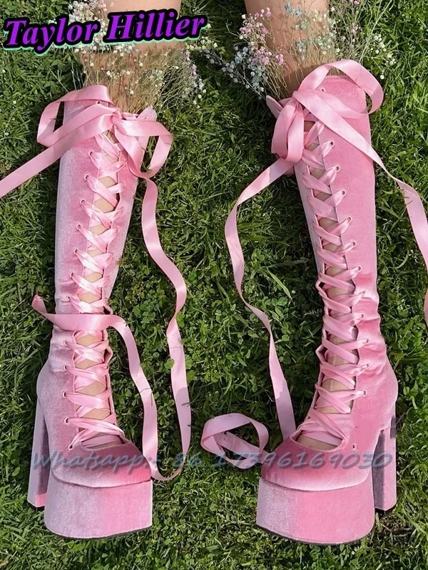 Pink Platform Boots Round Toe Ribbon Botas Cross Strap Lace Up Knee-High Chunky Heel High Quality Solid Bottes Hautes Plus Size