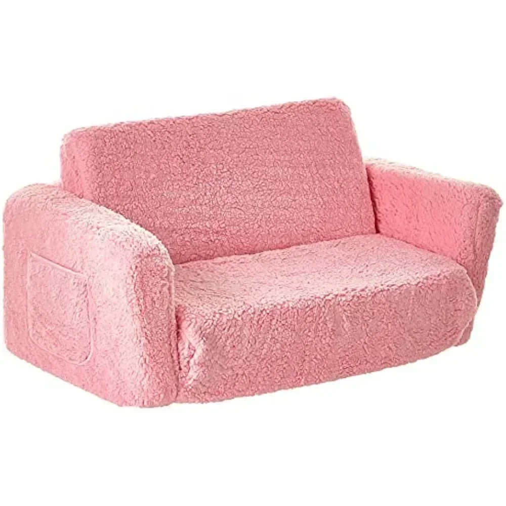 Cozee Flip-Out Sherpa 2-in-1 Convertible Sofa to Lounger for Kids, Pink