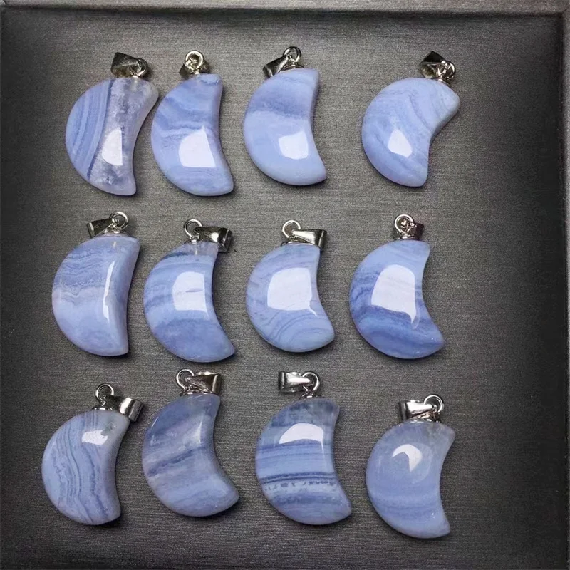 

S925 Natural Blue Lace Agate Moon Pendant Crystals Healing Reiki Jewelry Making Pendant Crafts Home Room Decoration Ornament 1PC