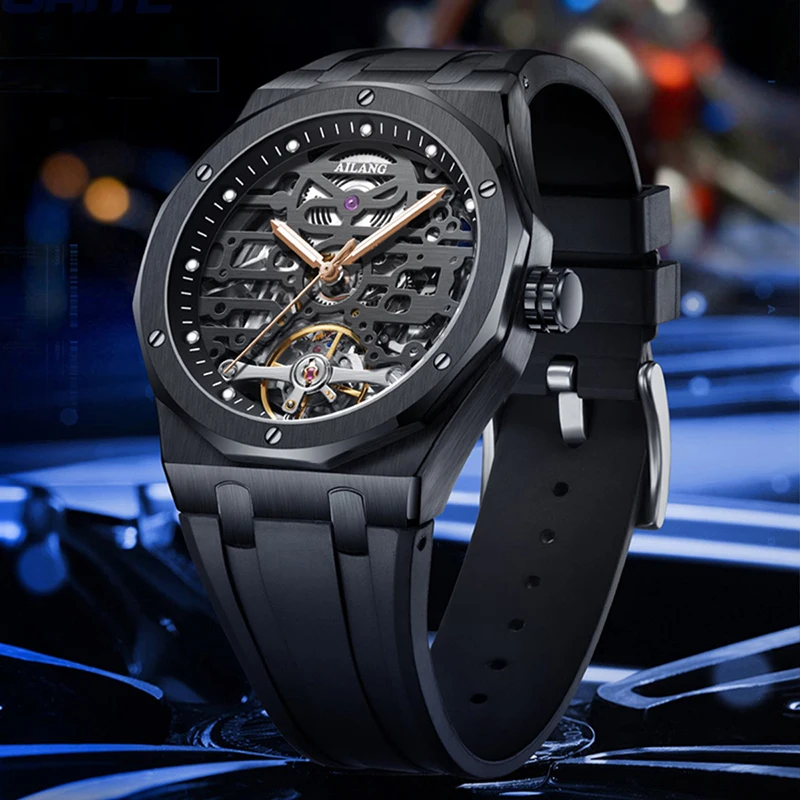 

AILANG Men's Watch Rubber Strap Skeleton Luminous Waterproof Tourbillon Fashion Luxury Automatic Mechanical Wristwatch