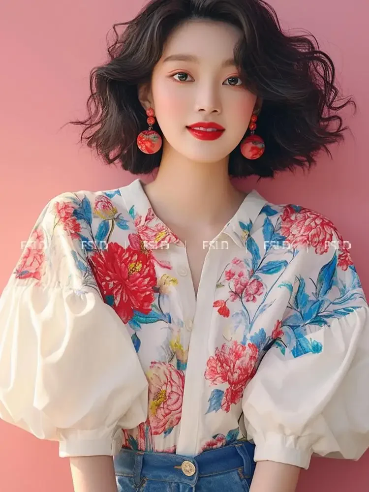 Floral Print Vintage Summer White Puff Sleeve Blusas Tops Chiffon Blouses Women Simple Gradient Short Sleeve Casual Shirts A129