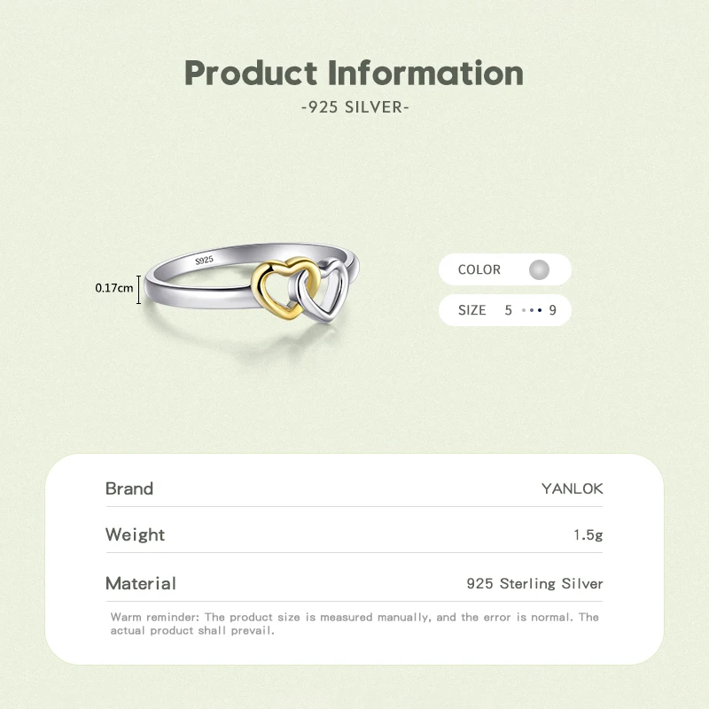 YANLOK Bands Jewelry Double Hearts silver rings Soild 925 sterling silver Heart Ring 2017 Collection Summer for women Gift