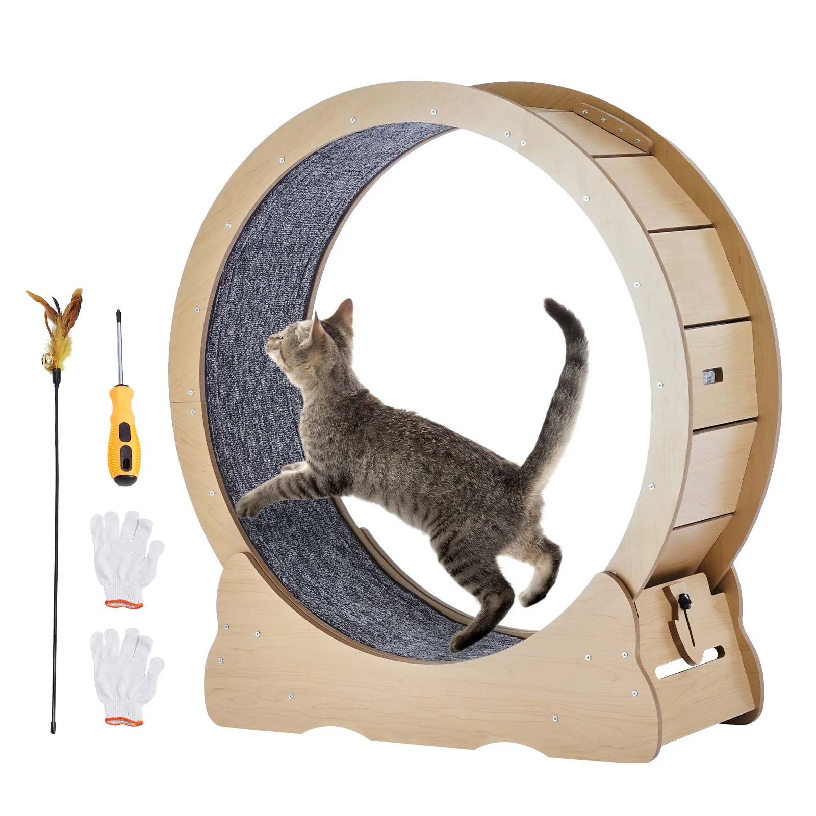 SucceBuy – grande roue d'exercice en bois pour chat, tapis roulant pour chat d'intérieur, avec tapis détachable et Teaser pour chat