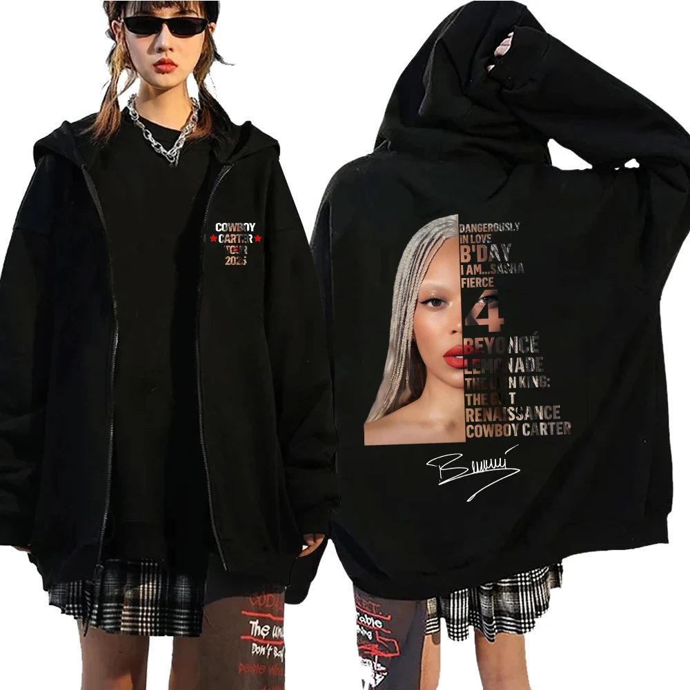 Beyoncé COWBOY CARTER TOUR 2025 Sudadera con capucha con cremallera y estampado gráfico Moda Casual Chaqueta de gran tamaño Sudaderas de manga larga de lana