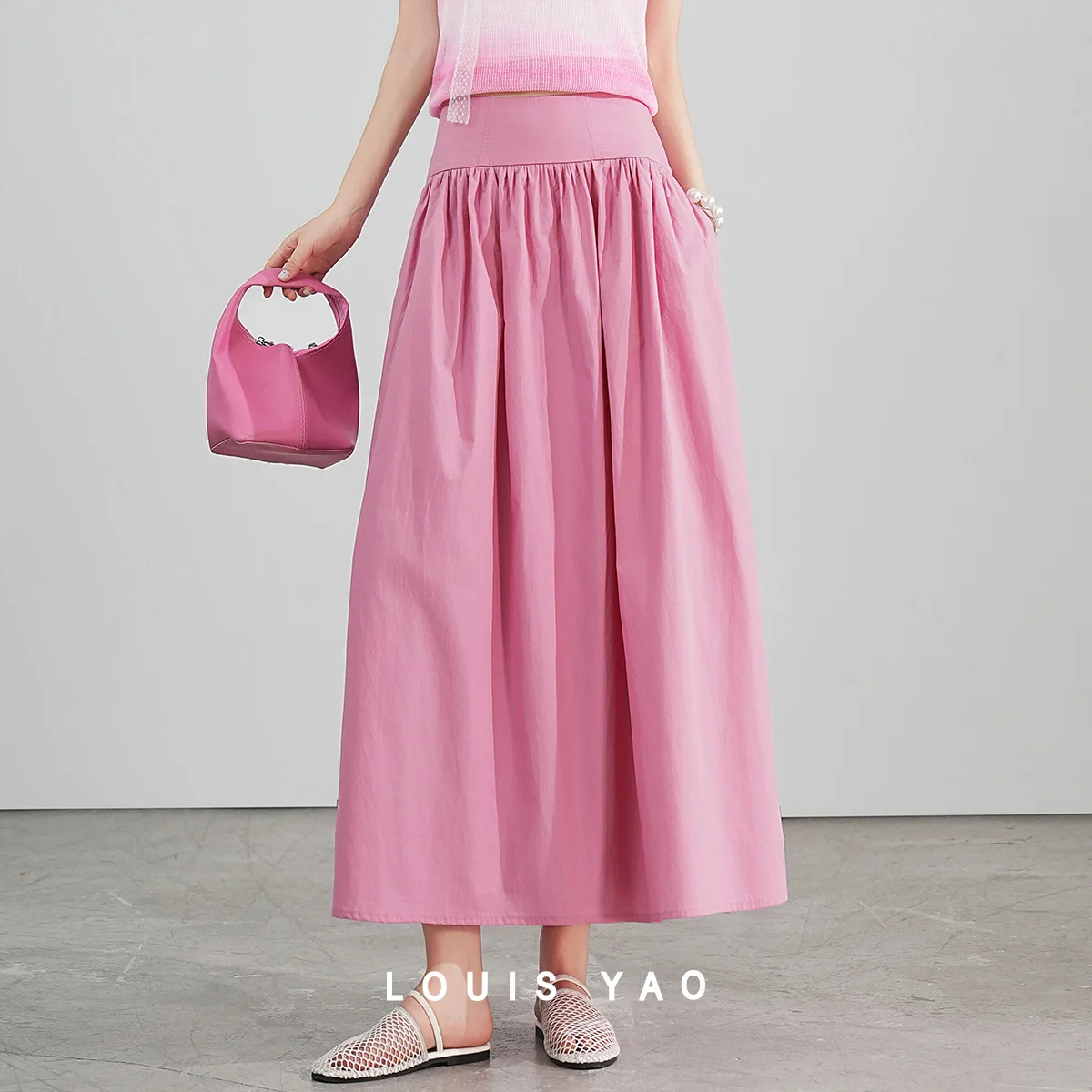 LOUIS YAO Solid Sweet Women's Half Skirt 2025 Summer 100% Cotton Casual Skirt Body with a Pleated Design Fresh A-line Long Skirt