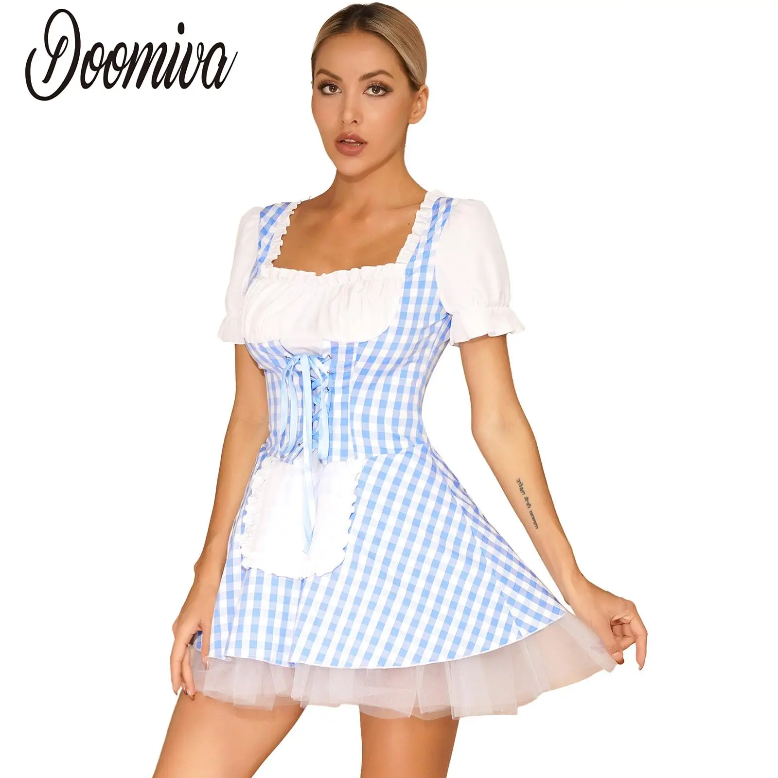 

Womens Blue Gingham Dress Plaid Print Short Sleeve Tulle Dress Fairytale Halloween Maid Cosplay Costume Carnival Party Dresses